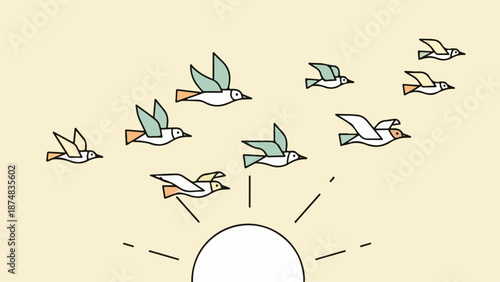 Cartoon birds in flight with a sun illustration