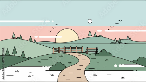 Rural landscape illustration with winding dirt path, rolling hills, and soft golden light