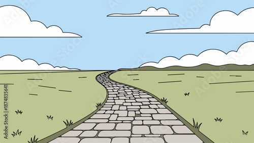 Winding cobblestone path in a tranquil natural landscape with rolling hills and a clear blue sky