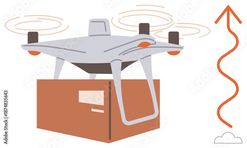 quadcopter technology, express logistics, fast delivery, package transportation, e-commerce, innovation. A Quadcopter flying with a package and an upward arrow. Drone technology and express logistics