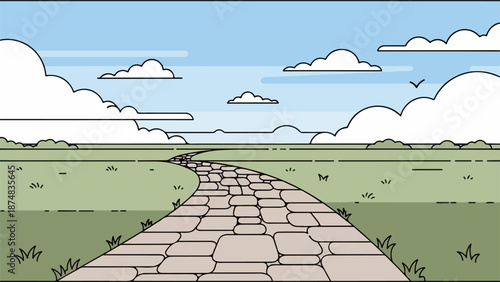 A winding cobblestone path through a lush green field with a blue sky and white clouds