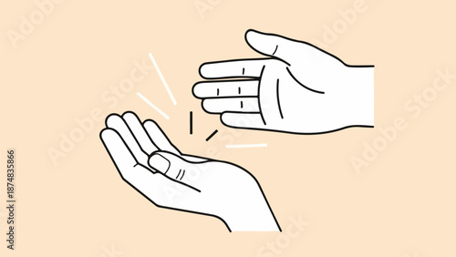 Minimalist line-drawn illustration of two hands exchanging an unseen object on a light beige background