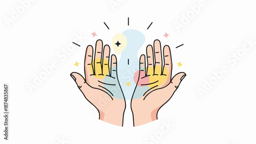 Illustration of two female hands washing with light blue liquid and scattered stars on a neutral background