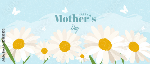 Elegant Happy Mother's Day banner with white daisies and butterflies. Features a light blue textured background with floral spring design. Perfect for holiday greeting cards and web headers.