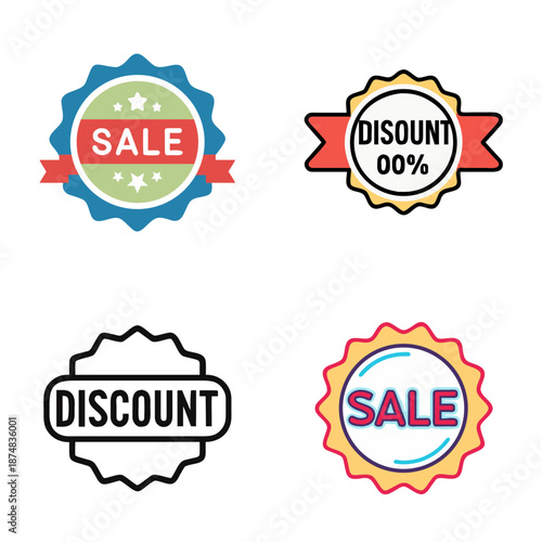  colorful sale badges with various styles and shapes, including ribbons, circles, and hexagons