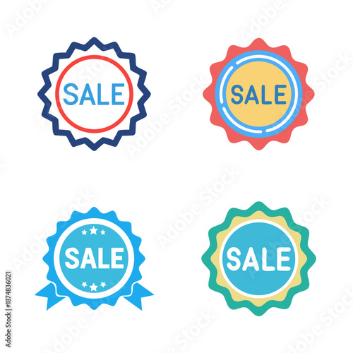  colorful sale badges with various styles and shapes, including ribbons, circles, and hexagons