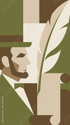 Stylized Illustration of Abraham Lincoln with Quill and Paper Scroll.