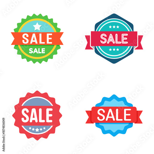  colorful sale badges with various styles and shapes, including ribbons, circles, and hexagons