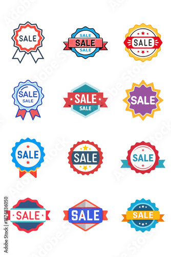  colorful sale badges with various styles and shapes, including ribbons, circles, and hexagons
