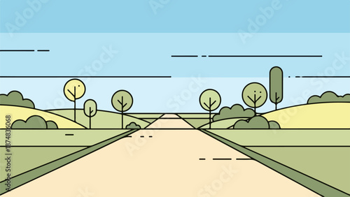 Symmetrical rolling hillside landscape with sparse trees and pale blue sky