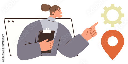 Business planning, technology tools, navigation, professional settings, work organization, decision making. Businesswoman holding a clipboard and pointing at icons. Business planning and technology