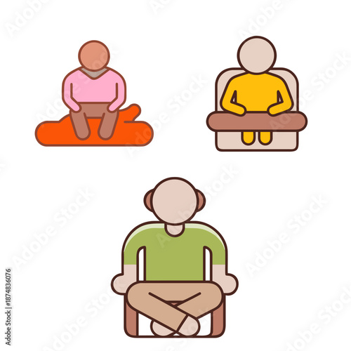 Three stylized illustrations of people sitting in different postures. The top left figure wears