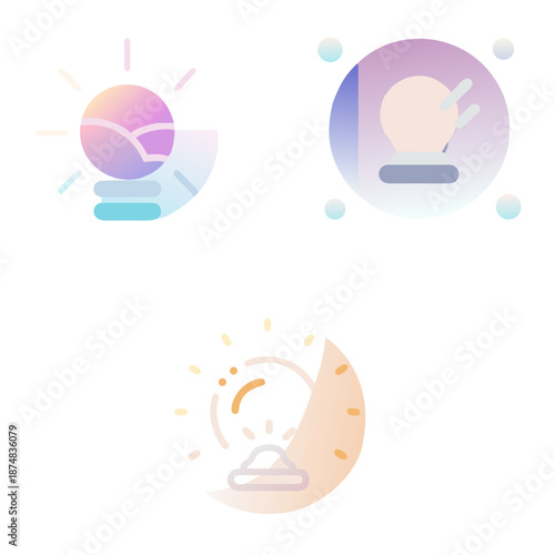 Three minimalist icons with a gradient design style. The top left icon features a sun rising over waves