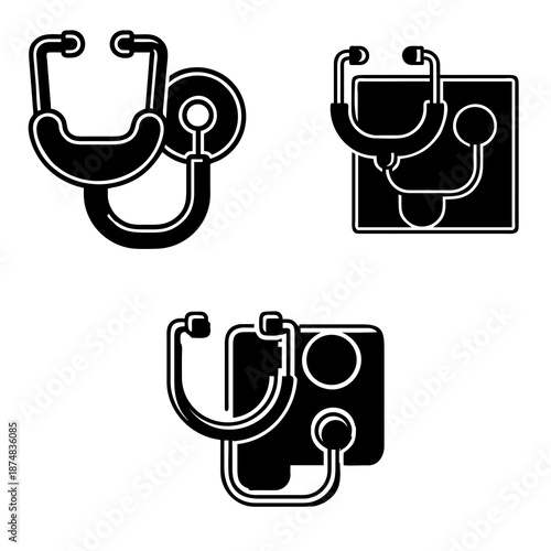Three black silhouettes of stethoscopes are depicted, each with a different design. The stethoscopes feature tubing