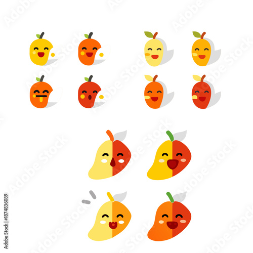 Cute fruit characters with various expressions, featuring apples, pears, and oranges. Each fruit