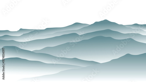 A serene mountain range with misty hills and white background