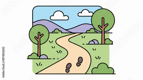 Winding dirt path through lush green landscape with rolling hills and blue sky