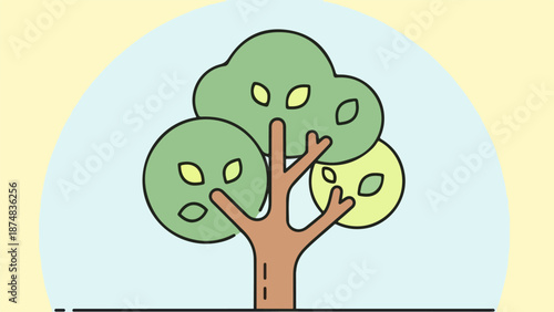 Botanical illustration of a solitary tree with textured brown trunk and green leaves on gradient background