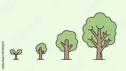 Minimalist illustration of four trees in stages of growth from sapling to mature tree