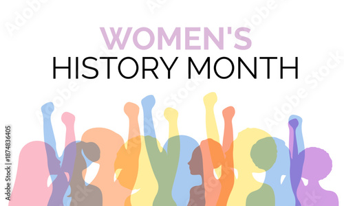 Womens History Month highlights women of all nationalities standing together to demand equal rights and shared opportunities. Banner poster, flyer and background design template.