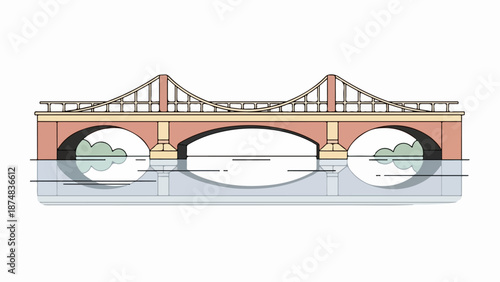 Symmetrical bridge spanning calm water with muted color palette
