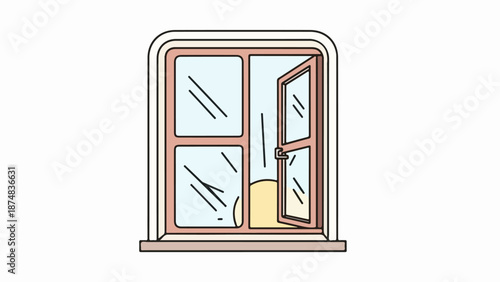 Symmetrical window with open lower panes and light yellow curtain