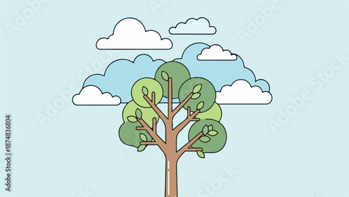Solitary tree with textured brown trunk and lush green canopy against a partly cloudy sky