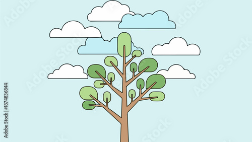 Minimalist illustration of a solitary tree with green foliage against a light blue sky with clouds