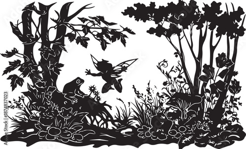Enchanted Woodland Silhouette: A whimsical fairy takes flight, a charming frog gazes on in a tranquil forest. The art embodies wonder and natural beauty.