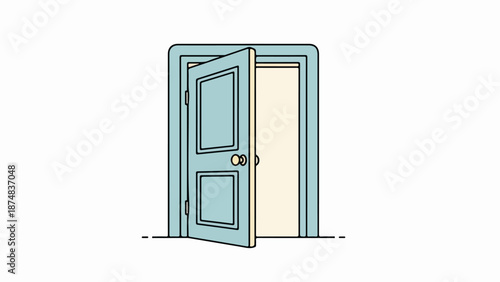 Classic light blue door with two rectangular panels and decorative framing slightly ajar to reveal a warm yellow interior