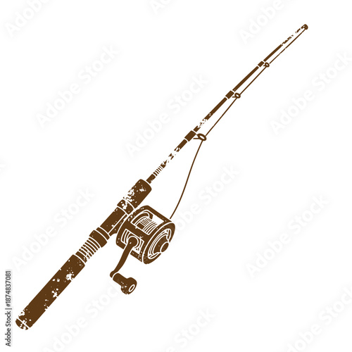 Drawing Vintage Fishing rod with reel and line  brown illustration on white background