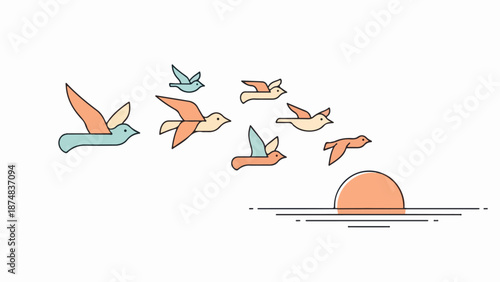 Stylized illustration of a flock of birds in flight against a sunset-lit sky