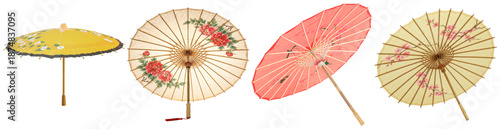 Photography four vibrant japanese paper umbrellas, adorned with beautiful patterns, symbolizing culture, elegance, and grace