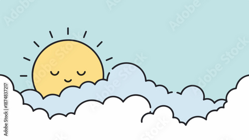 Playful illustration of a smiling sun and soft fluffy clouds in a serene sky scene