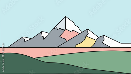 Dramatic mountain range illustration with rugged peaks and soft blue sky