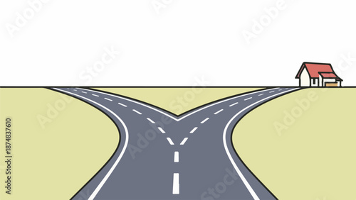 Winding road through a grassy field with a small house in the background