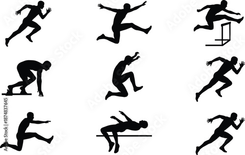 Athletic silhouette set of running jumping hurdling sprinter actions, sports motion poses isolated, fitness training icons vector black white background