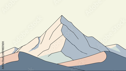 Majestic mountain range with blue and gray tones, pink and white highlights, and smooth rounded ridge in foreground