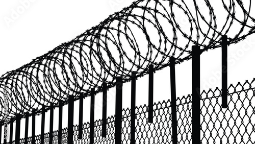 Barbed wire security fence silhouette, razor coil barrier illustrating border protection prison safety surveillance control, isolated black vector graphic background design