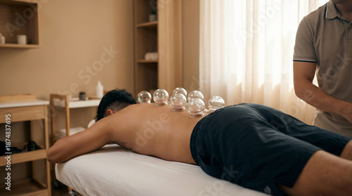Alternative medicine practitioner applies therapeutic glass cups to a client's back for cupping therapy, promoting relaxation and muscle relief in a serene treatment room setting