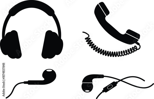 Collection of black audio device silhouettes including headphones, telephone handset, and earphones, isolated on white background for music, communication, technology, and sound design illustration