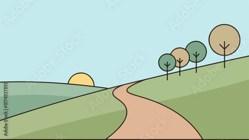 Winding dirt path through rolling green hills in a serene countryside landscape