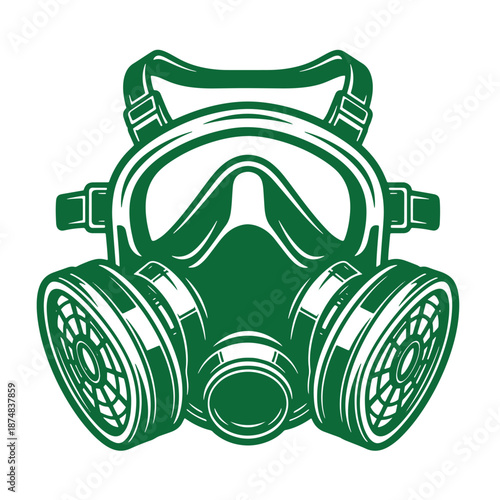 Green gas mask with filter canisters on both sides for protection against hazardous gases and particles in emergencies