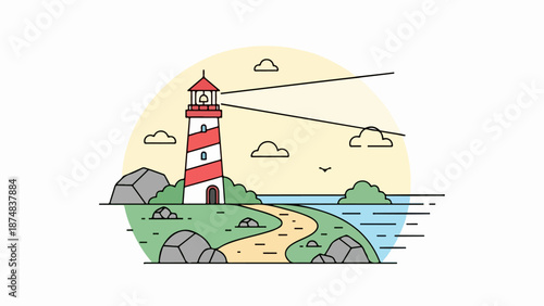 Bold red-and-white striped lighthouse on a rocky outcrop with a calm body of water and a soft sky