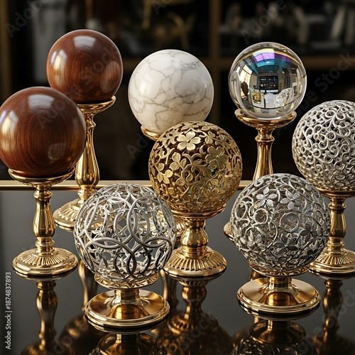 Collection of Decorative Spheres on Stands - A Study in Texture and Light.