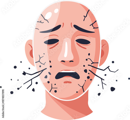 Cracked sad face expressing mental pain