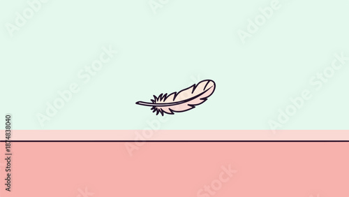Delicately illustrated feather in soft light beige on a divided pastel background