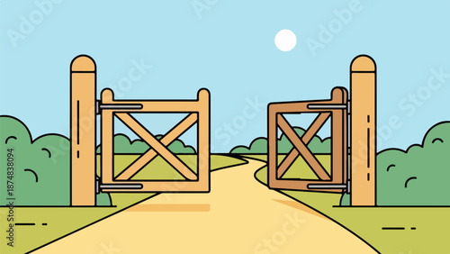 Two symmetrical wooden gates on a dirt path surrounded by greenery and a blue sky with a small white moon