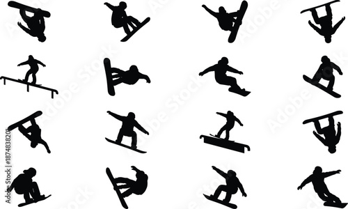 Collection of snowboarder silhouettes performing jumps, tricks, and rails, extreme winter sport action poses isolated on white background for adventure, motion, and illustration design