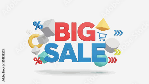 Vibrant 3D graphic announcing a significant sales event, featuring abstract geometric shapes, shopping cart, and percentage symbols, ideal for online promotions and discount campaigns